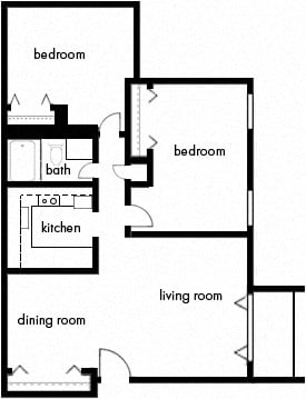 Floor plan for 2 beds, 1 bath, 879 sqft